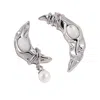 Ms. Donna Women's Silver Moon With Cat Eye Stone And Pearl Dangle Asymmetry Earrings In Silver