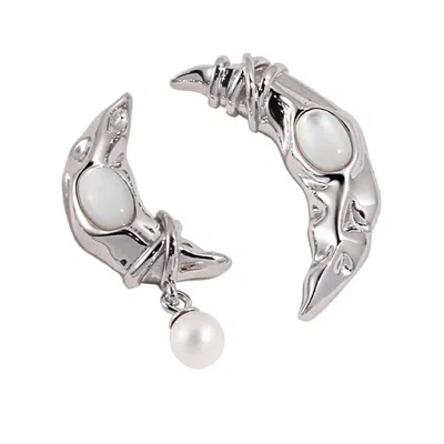 Ms. Donna Women's Silver Moon With Cat Eye Stone And Pearl Dangle Asymmetry Earrings
