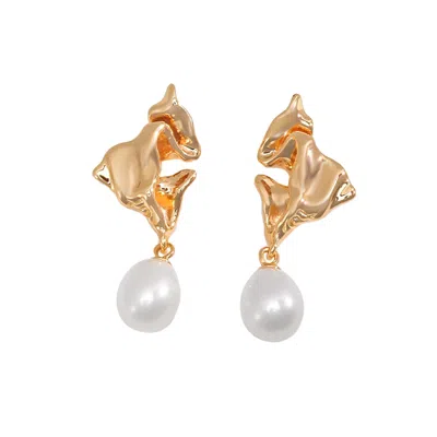 Ms. Donna Women's Wrinkle Gold With Freshwater Pearls Dangle Earrings