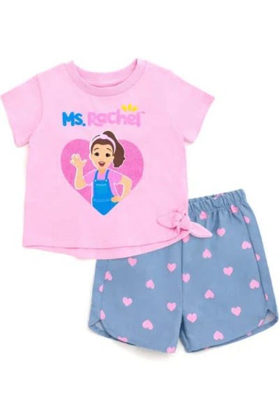Ms. Rachel Babies'  2-piece T-shirt And Shorts Set In Pink Chambray Hearts