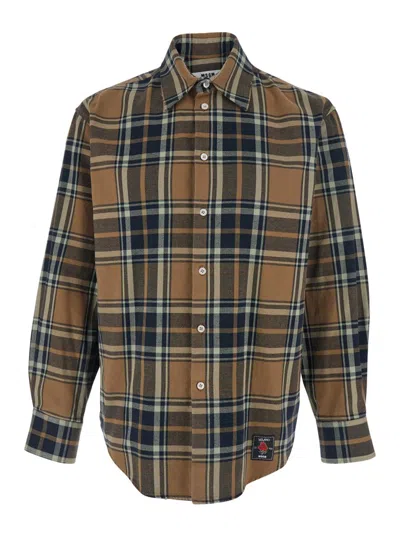 MSGM BROWN SHIRT WITH LOGO PATCH ON THE FRONT AND ALL-OVER CHECK MOTIF IN COTTON MAN