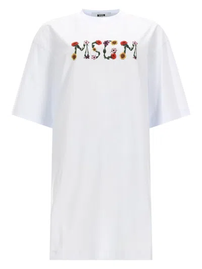 Msgm Cotton Mini T-shirt Dress With Contrast Logo And Dropped Shoulders In White