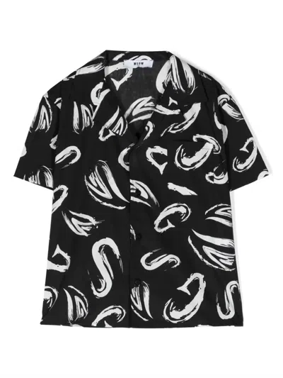 Msgm Kids' Abstract-print Poplin Shirt In Black