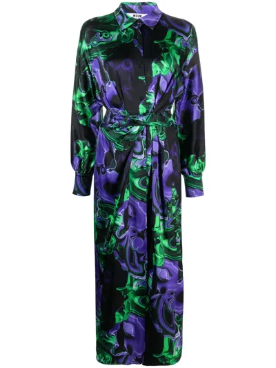 Msgm Abstract-print Tied-waist Shirt Dress In Purple