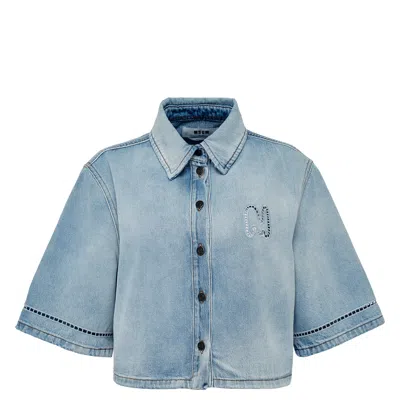 Msgm Ajour Embroidery Denim Shirt In Blue