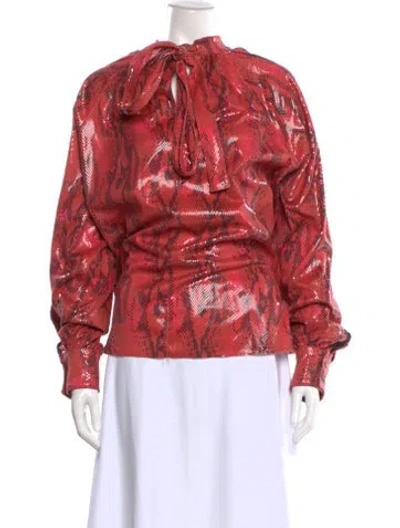 Pre-owned Msgm Animal Print Tie Neck Blouse In Red