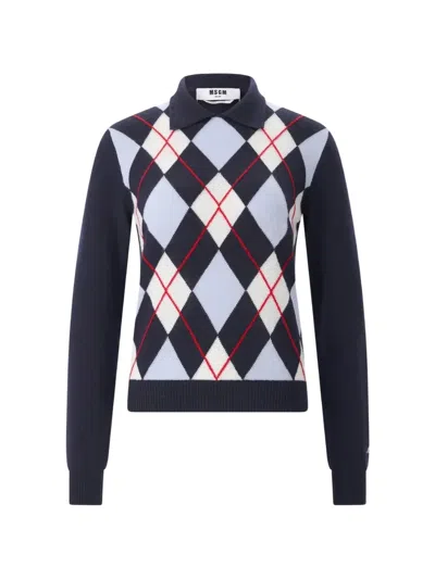 Msgm Argyle Polo-collar Sweater In Blue
