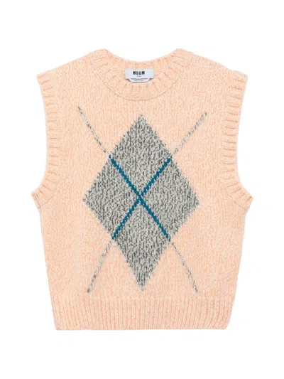 Msgm Argyle-intarsia Knitted Sweater In Orange