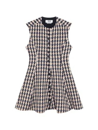 Msgm Argyle-pattern Button-front Dress In Black