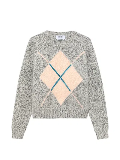 Msgm Argyle-pattern Marl-knit Sweater In Grey
