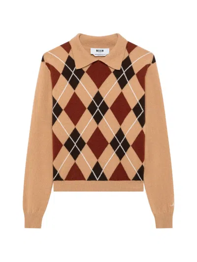 Msgm Argyle-pattern Polo-collar Sweater In Brown