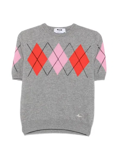 Msgm Argyle-pattern Short-sleeve T-shirt In Gray