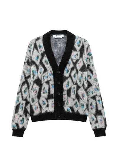 Msgm Argyle-patterned Brushed-finish Cardigan In Gray