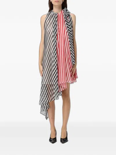 Msgm Asymmetric Striped Dress In Multi