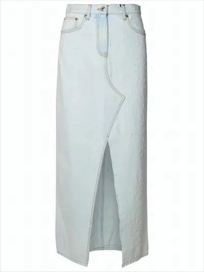 Msgm Asymmetrical Blue Denim Midi Skirt With Textured Dots And Five-pocket Design In White