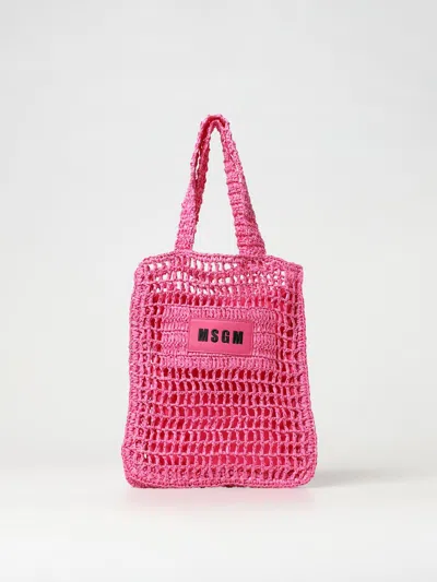 Msgm Kids' Woven Raffia Shoulder Bag In 紫红色