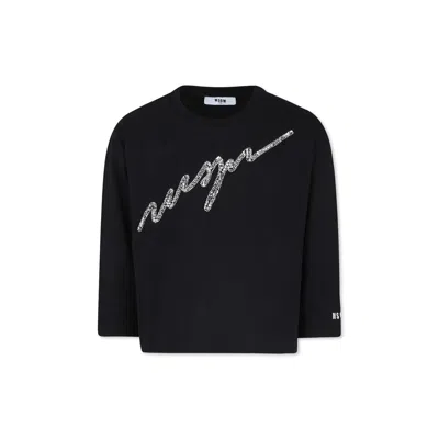 Msgm Kids' Balck T-shirt For Girl With Logo In Black