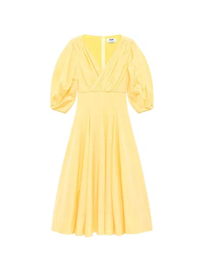 Msgm Balloon-sleeve Wrap Midi Dress In Yellow