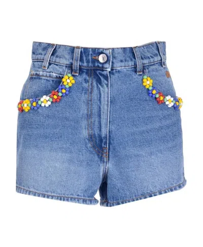 Msgm Beaded-detailing High-waisted Denim Shorts In Blue
