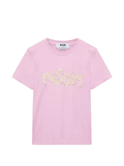 Msgm Beaded Lace-embroidered T-shirt In Pink