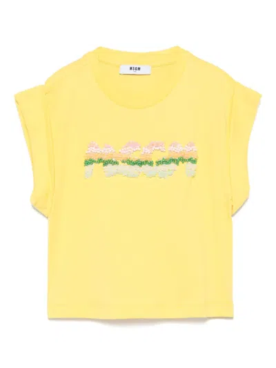 Msgm Kids' Beaded-logo T-shirt In Yellow