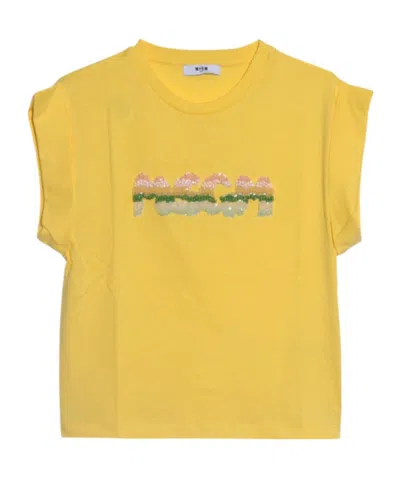 Msgm Beaded-logo T-shirt In Yellow