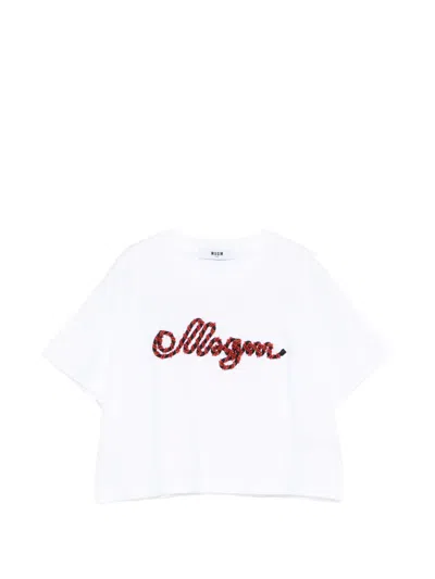 Msgm Kids' Beaded Short-sleeved T-shirt In White