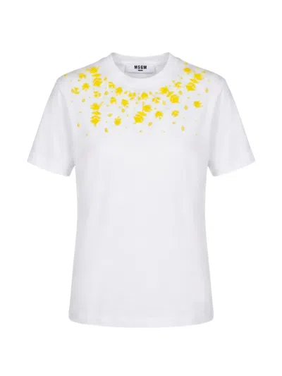 Msgm Bead-embellished Floral-motif T-shirt In White