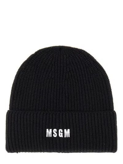 Msgm Logo-embroidered Ribbed-knit Beanie In Black