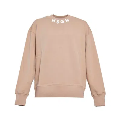 Msgm Beige Cotton Crewneck Sweatshirt In Brown