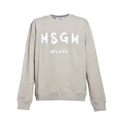 Msgm Beige Cotton Crewneck Sweatshirt Brush Logo Print In Gray