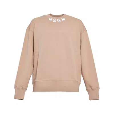 Msgm Beige Cotton Crewneck Sweatshirt Brush Logo Print On Neck In Brown