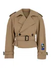Msgm Beige Double-breasted Crop Trench Coat With Waist Belt And Patch On The Sleeve In Brown