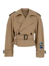 Msgm Beige Double-breasted Crop Trench Coat With Waist Belt And Patch On The Sleeve In Cotton Woman In Beige