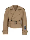 Msgm Beige Double-breasted Crop Trench Coat With Waist Belt And Patch On The Sleeve In Cotton Woman In Beige