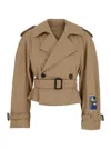 Msgm Beige Double-breasted Crop Trench Coat With Waist Belt And Patch On The Sleeve In Cotton Woman In Beige