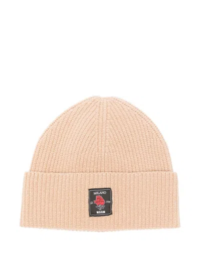MSGM MEN BEIGE LOGO BEANIE HAT, ONESIZE LUXURY HATS FOR MEN DARVEYS