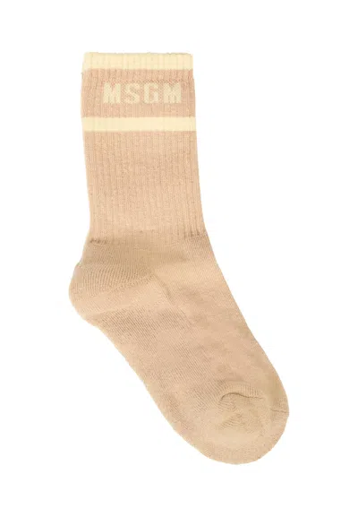 MSGM BEIGE SOCKS FOR KIDS WITH IVORY LOGO