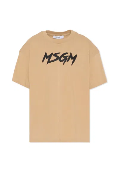 Msgm Beige T-shirt For Kids With Logo In Brown