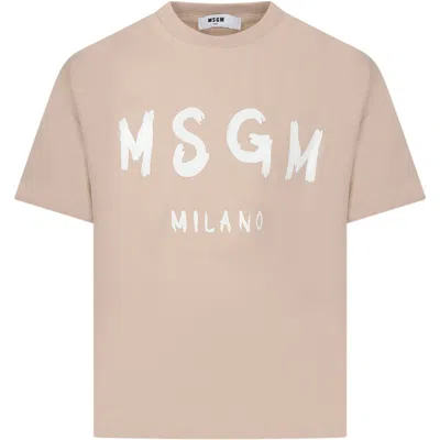 Msgm Beige T-shirt For Kids With Logo In Brown