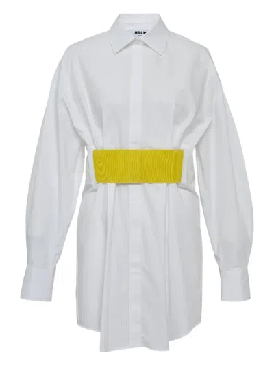 Msgm Belted Mini Shirt Dress In White