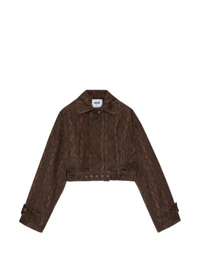 Msgm Belted Patterned Coat In Brown
