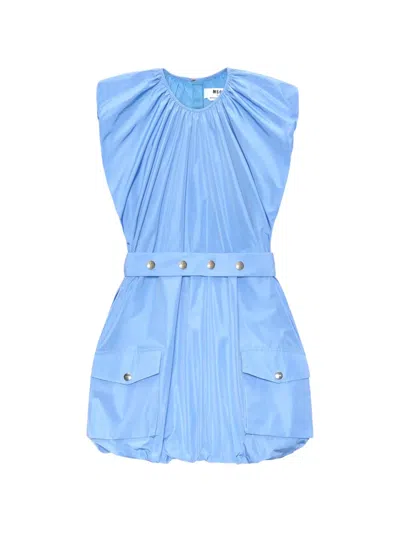 Msgm Silk Nylon Dress Pleated Belted Cap Sleeves In Blue