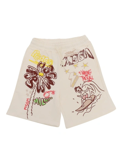 Msgm Kids' Bermuda Shorts With Prints In Cream