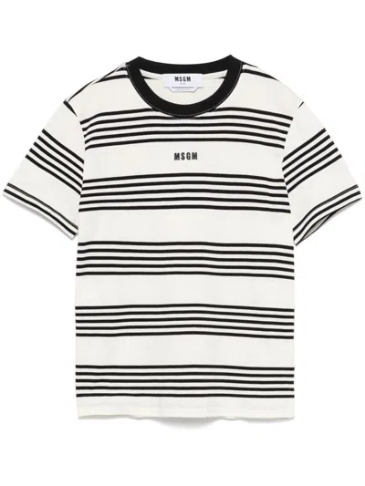 Msgm Black And White Striped Cotton T-shirt With Logo