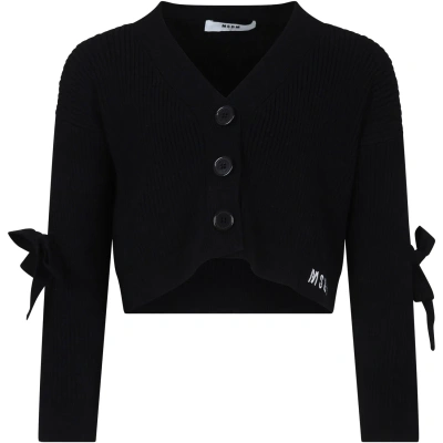 Msgm Kids' Black Cardigan For Girl With Logo