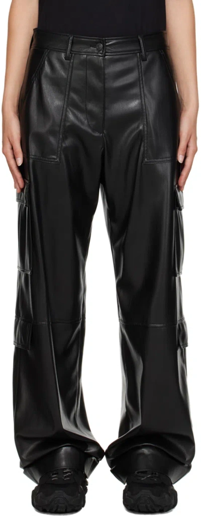 MSGM BLACK CARGO POCKETS FAUX-LEATHER TROUSERS