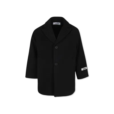 Msgm Black Coat For Kids With Logo