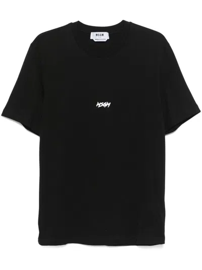 Msgm Black Cotton Crew Neck T-shirt With Logo