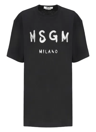 Msgm Black Cotton Dress With Glitter Logo